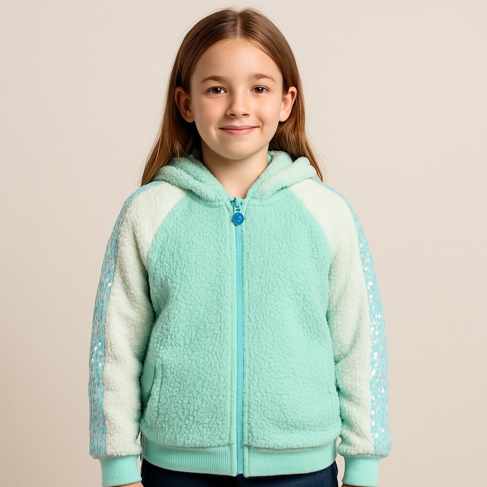 More Than Magic Girls Faux Fur Sequin Zip Hoodie Mint Green Size XL (14–16)